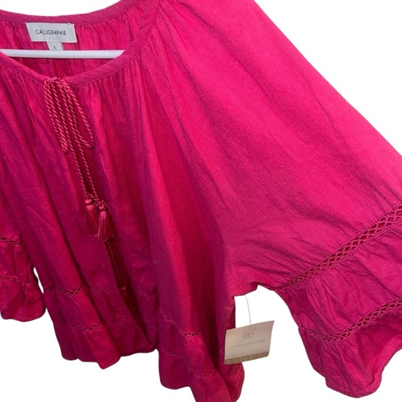 NWT Calligraphie Linen Tie Front Bell Sleeve Top Hot Pink 🩷Large Bohemian - Picture 3 of 11